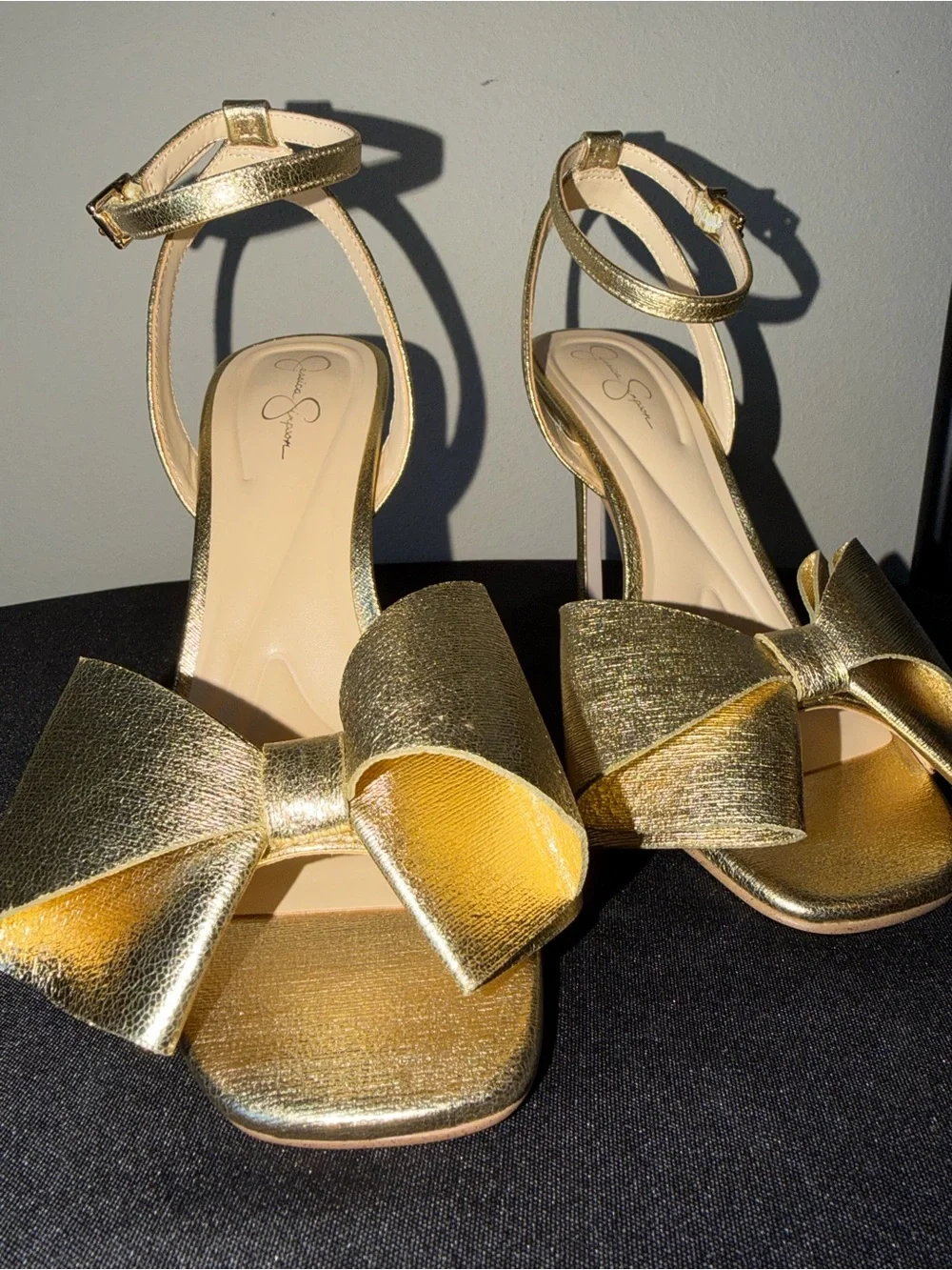 Jessica Simpson “Olivine” Gold Bow Ankle-Strap High Heels